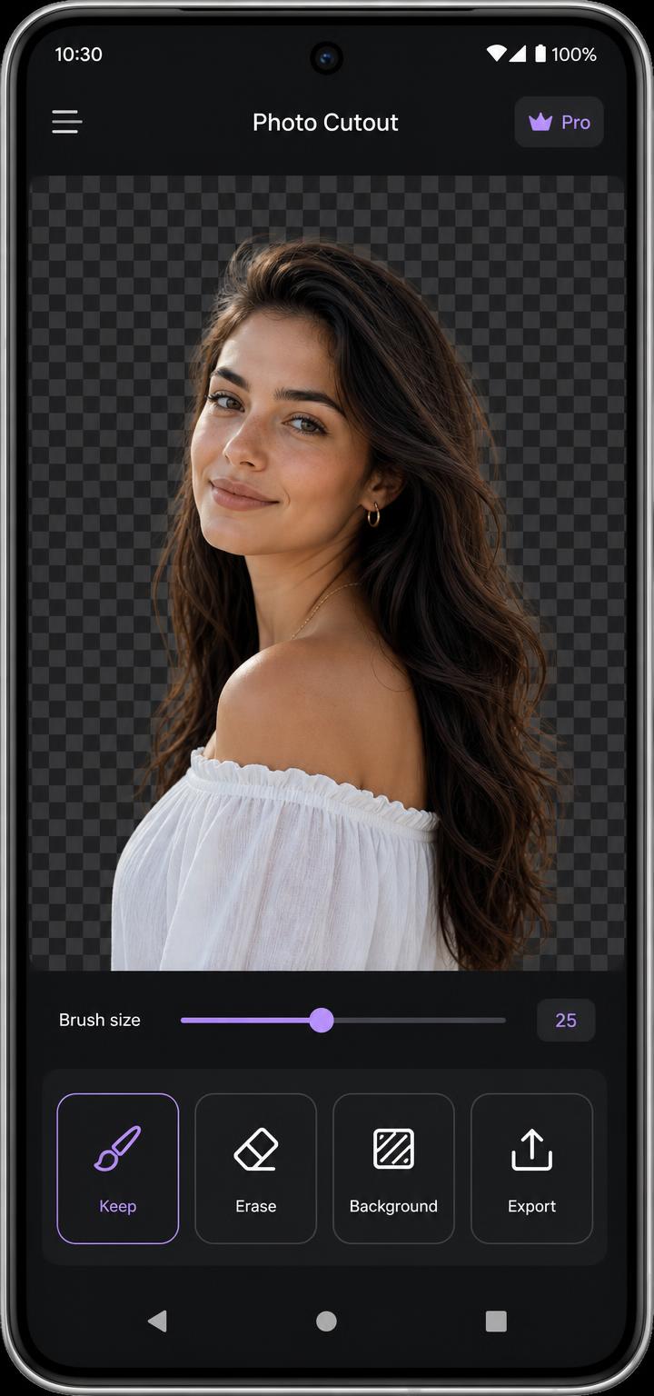 The Cutout editor on an Android phone, showing a portrait cutout on a transparent canvas with Keep, Erase, Background and Export tools.